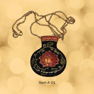 Vintage Black Cloisonne'  9" Pendant Necklace #A-01